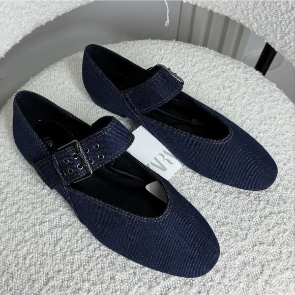 ZARA Denim Mary Jane Flats NWT | Blue Ballet Flats | Size 7.5 - Picture 10 of 16